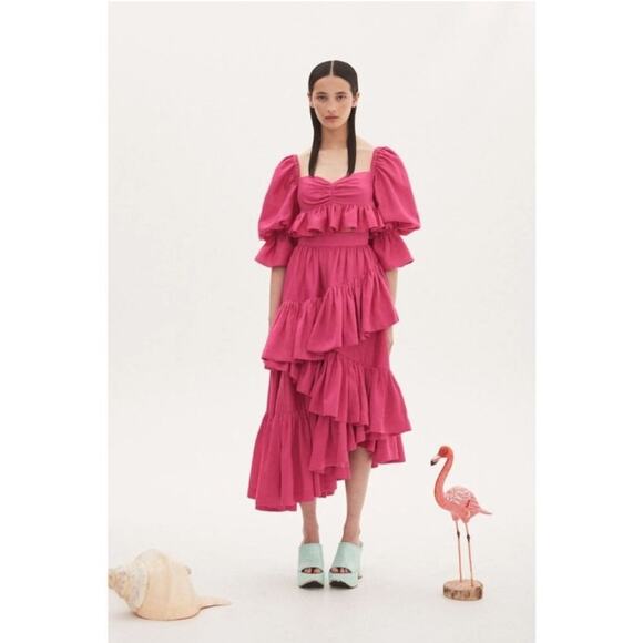 ALEMAIS Pink Ruffle Blouson 3/4 Sleeve Blaire Peplum Crop Top Fuchsia 2 - Picture 5 of 10